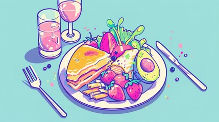 A Delicious and Colorful Breakfast Spread with a Glass of Pink Drink