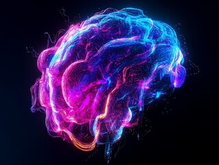Wall Mural - Abstract brain-shaped light and particle formation, with vibrant blue, pink, and yellow colors against a black background.