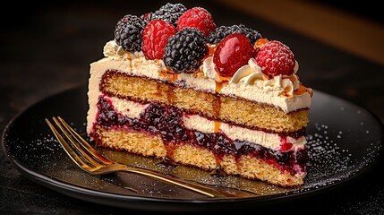 Wall Mural - Delicious Berry Cake Slice with Whipped Cream and Glaze