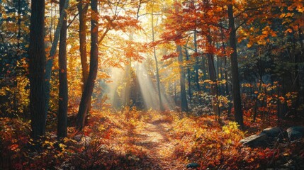 Poster - A Path Through a Sun-Drenched Autumn Forest