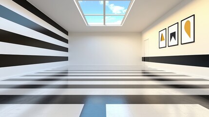 Canvas Print - Modern Hallway Interior with Black and White Stripes  Skylight and Geometric Art