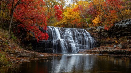 Wall Mural - Waterfall Cascading Through a Forest of Vibrant Autumn Colors