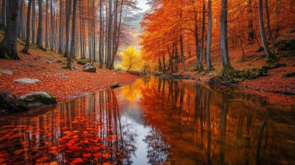 Wall Mural - Autumnal Forest Stream with Reflections of Red and Orange Foliage