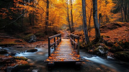 Poster - Wooden Bridge Over a Stream in a Forest With Vibrant Autumn Colors