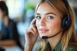 © Leo - Bright close up of a woman with a headset symbolizing communication customer service and modern technology in a vibrant digital environment