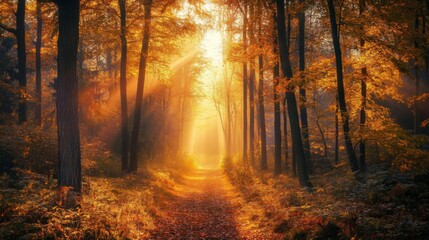 Poster - Sunbeams Illuminating a Misty Autumn Forest Path