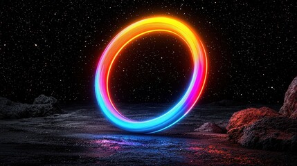 Wall Mural - Glowing Neon Ring in Space with Stars and Rocks