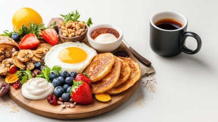 Colorful Breakfast Platter with Coffee and Fresh Fruits