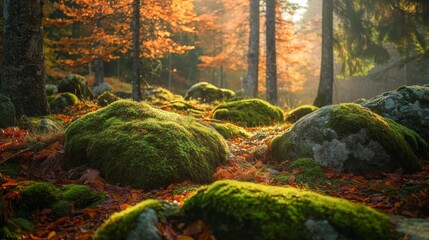 Poster - Moss-Covered Rocks in an Autumn Forest