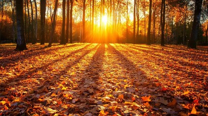 Poster - Golden Sunlight Illuminating Autumn Leaves in a Forest