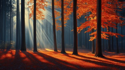 Poster - Sunbeams Illuminating a Forest Floor with Red Autumn Leaves and Tree Trunks