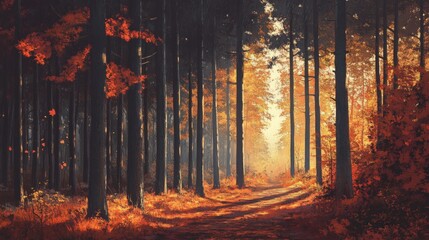 Sticker - A Sunlit Path Through an Autumnal Forest