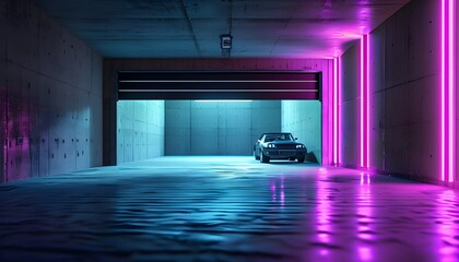 Wall Mural - Futuristic underground garage with glowing blue lasers and reflective lines against a purple backdrop, showcasing modern three-dimensional construction elements in a retro style.