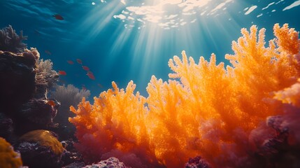 Stunning coral formations of orange and purple in a vibrant reef