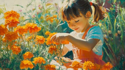 Sticker - A Young Girl Admiring Orange Flowers in a Garden