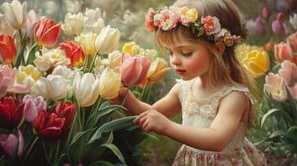 Wall Mural - A Young Girl Adorned with Flowers Among a Field of Tulips