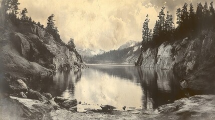 Sticker - Serene Lake and Mountain Landscape - Vintage Photo