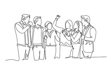 Wall Mural - Single continuous line drawing of happy male and female workers standing and celebrating success project sales together. Business teamwork celebration. One line draw graphic design vector illustration