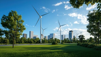 A vibrant urban landscape featuring wind turbines, greenery, and modern buildings under a clear blue sky.