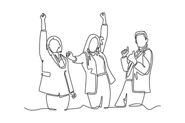 Wall Mural - Single one line drawing happy male and female company founder raising hands and thumbs up gesture after company get investment. Business celebration. Continuous line design graphic vector illustration