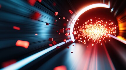 An abstract representation of a secure file transfer, with data packets traveling through a protected tunnel, showcasing the safety of data transmission.