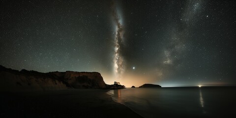 Wall Mural - A breathtaking view of the Milky Way galaxy over a calm ocean with a dark silhouette of a cliff in the foreground. The stars are vivid against the dark night sky.