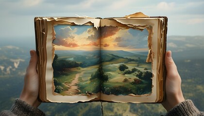 Wall Mural - Journey Through Literature: A Torn Book Revealing an Expansive Landscape of Adventure and Escape