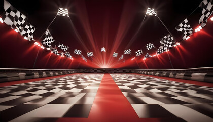 racing track with checkered flags on a red and black background