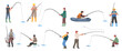 © Rudzhan - Set of Fisherman. Happy people with fishing rods and bait catching fish on boat or standing on lake shore. Hobbies and Outdoor Activities. Flat vector illustration collection isolated on background