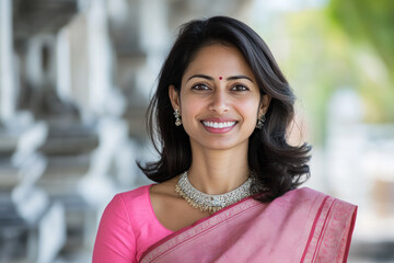 Australian woman wearing saree traditional cloth smile at Hindu temple