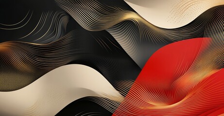 Wall Mural - Abstract background with black, red, white, and gold wavy lines. Abstract art.
