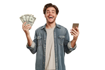 Happy Man Holding Cash and Smartphone Isolated on Transparent Background PNG for Financial and Technology Concepts