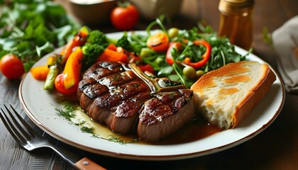 Wall Mural - Savory grilled steak with vibrant vegetables and fresh bread, prepared for a delightful dining experience