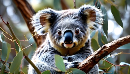 Playful koala bear perched on eucalyptus branch, gazing at the camera with an adorable expression