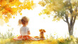 © Ema - Yellow watercolor of little girl and her pet dog having a picnic in park