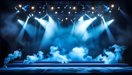 Wall Mural - Dramatic Blue Stage Illuminated by Spotlight with Swirling Smoke Perfect for Presentations and Posters