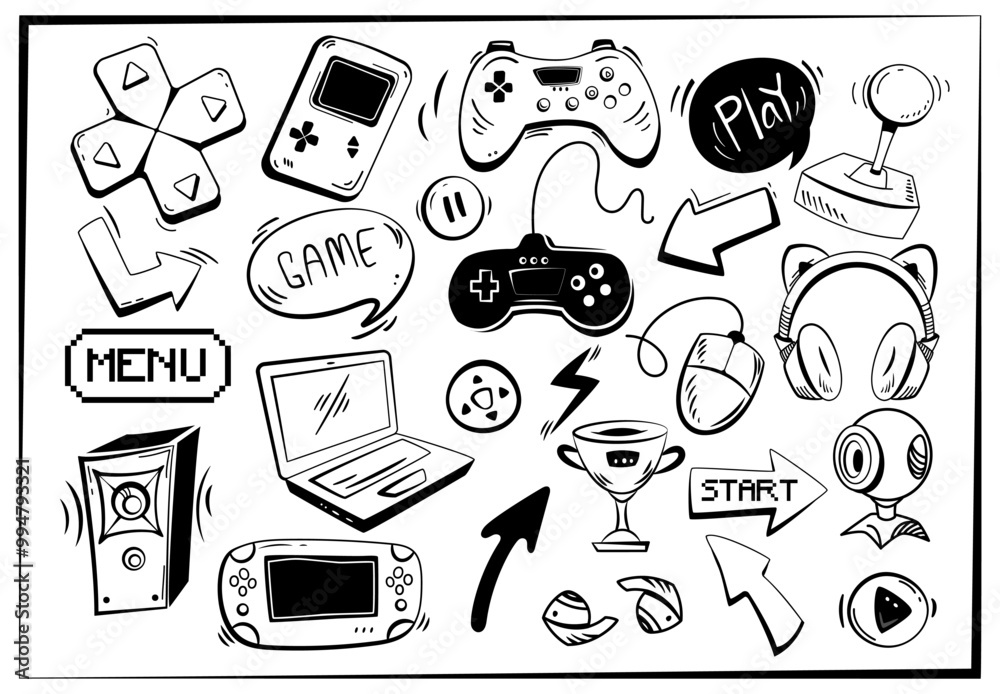 Set of video game doodle elements. Black and white icons with gamepad ...