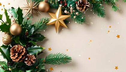 Cheerful Christmas border adorned with ornaments, stars, and lush greenery over a soft light backdrop