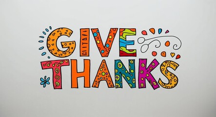 give thanks word lettering with groovy doodles drawing design on plain white background