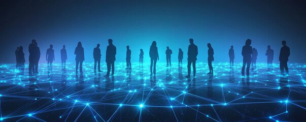 Poster - digital network of silhouetted figures standing on glowing grid, representing connectivity and techn