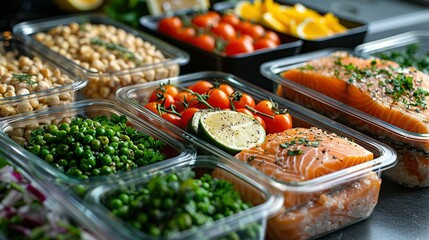 Healthy meal prep containers with chickpeas, chicken, tomatoes, cucumbers and avocados. Healthy lunch in glass containers on beige rustic background. Zero waste concept. Selective focus.