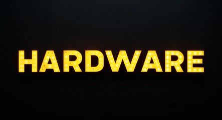 Hardware word lettering with yellow glow on plain black dark background