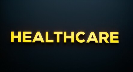 healthcare word lettering with yellow glow on plain black dark background