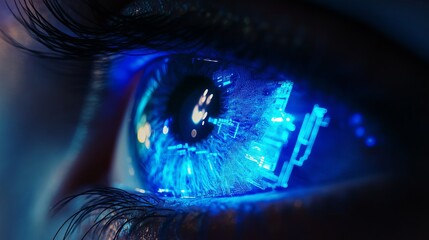 Close-up of a blue eye with a digital interface reflection.