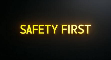 safety first word lettering with yellow glow on plain black dark background