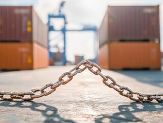 A broken chain blocking a shipping container, symbolizing trade barriers, trade barrier, international commerce restriction