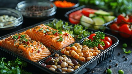 Healthy meal prep containers with chickpeas, chicken, tomatoes, cucumbers and avocados. Healthy lunch in glass containers on beige rustic background. Zero waste concept. Selective focus.