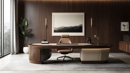 Aufkleber - A luxurious workspace with clean lines, plush seating, and a sleek desk, designed for a comfortable and minimal indoor environment, photographed in portrait composition.