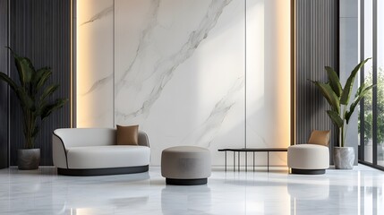 Poster - A photo of a sleek indoor office with marble finishes, plush seating, and minimalist decor, creating an elegant and comfortable environment, captured in portrait composition.