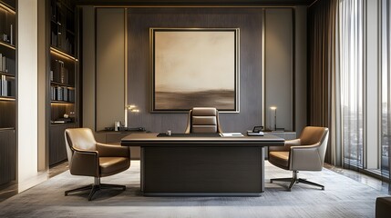 Aufkleber - A luxurious workspace with clean lines, plush leather chairs, and a sleek desk, designed for a comfortable and minimal indoor environment, photographed in portrait composition.